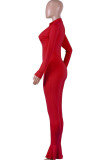 Red street Solid zipper Milk. Long Sleeve O Neck Jumpsuits