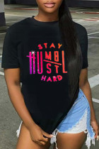 Black Fashion Casual Print Basic O Neck T-Shirts