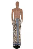 Brown Fashion Sexy Spaghetti Strap Sleeveless Slip Step Skirt Floor-Length Leopard macrame split