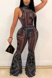 Black Network Sexy Print Mesh perspective HOLLOWED OUT Boot Cut Sleeveless Two Pieces