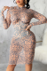 Blue Sexy Print Mesh Half A Turtleneck Pencil Skirt Dresses
