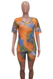 Dark Blue Fashion Sexy adult Patchwork Print Tie Dye Two Piece Suits Straight Short Sleeve Two Pieces