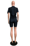 Black Casual Letter Print Fluorescent Straight Short Sleeve Two Pieces