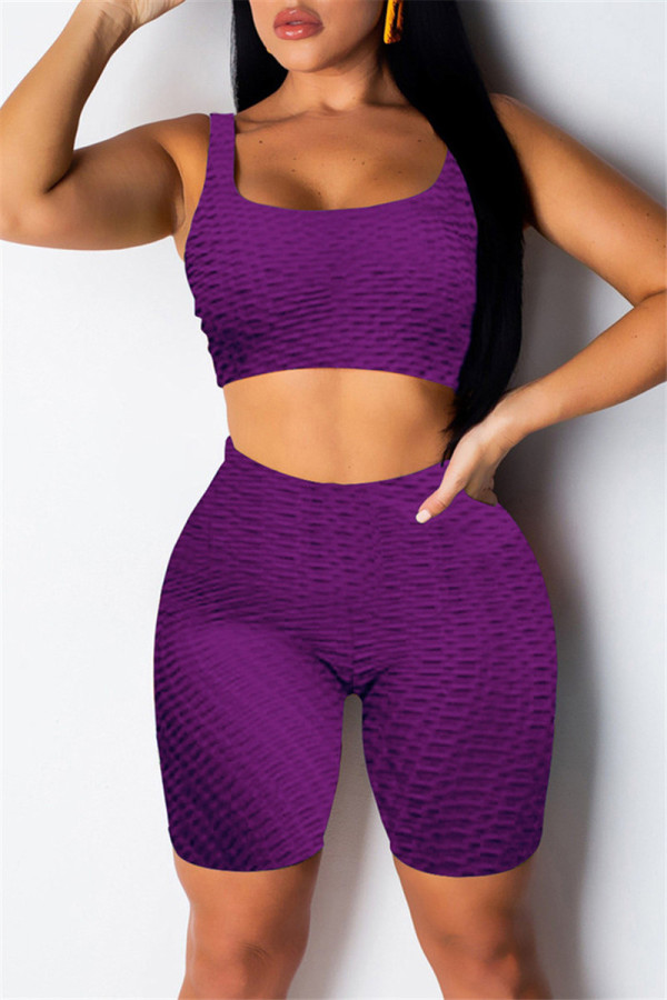 Purple Casual Sportswear Solid Vests U Neck Sleeveless Two Pieces