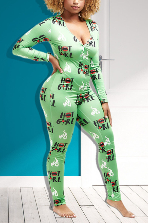 Green Sweet Print V Neck Regular Jumpsuits