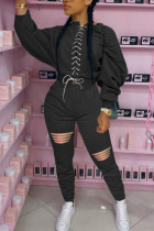 Black Fashion Casual Patchwork Ripped Strap Design O Neck Long Sleeve Batwing Sleeve Regular Two Pieces