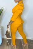 Yellow Fashion Casual Solid Patchwork V Neck Long Sleeve Two Pieces