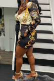 Black Yellow Casual Print Patchwork Turndown Collar Long Sleeve Two Pieces