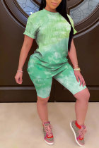 Green Fashion Casual adult Patchwork Print Tie Dye Gradient Two Piece Suits pencil Short Sleeve Two Pieces
