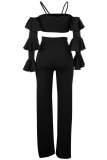 Black Fashion Sexy backless Patchwork ruffle Solid Straight Two-piece Pants Set