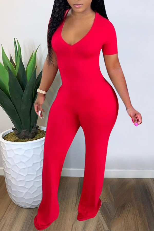 Red Casual Solid Patchwork V Neck Skinny Jumpsuits