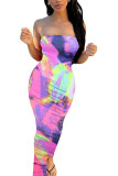 rose red Sexy Print Tie-dye Backless Strapless Pencil Skirt Dresses