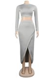 Grey Fashion Sexy Solid Two Piece Suits asymmetrical Slim fit crop top Split Skinny Long Sleeve