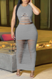 Burgundy Sexy Solid Ripped O Neck Sleeveless Two Pieces