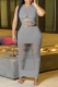 Grey Sexy Solid Ripped O Neck Sleeveless Two Pieces