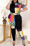 Black Fashion Casual Print Basic Half A Turtleneck Plus Size Two Pieces
