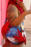 Colour Sexy Print Patchwork Frenulum Halter Plus Size Two Pieces
