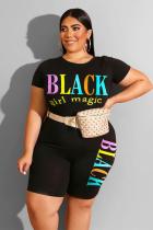 Black Fashion Casual adult O Neck Letter Patchwork Print Two Piece Suits Stitching Plus Size