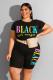 Black Fashion Casual adult O Neck Letter Patchwork Print Two Piece Suits Stitching Plus Size