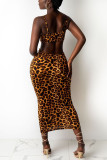 Leopard Print Sexy Print Hollowed Out Patchwork Spaghetti Strap Dresses