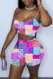 Yellow Sexy Casual Print Backless Spaghetti Strap Sleeveless Two Pieces