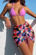 Purple Fashion Sexy Print Backless Swimwears Three-piece Set