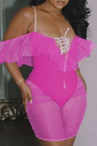 Rose Red Sexy Solid Flounce Mesh Swimwears