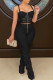 Black Sexy Solid Patchwork Fold Zipper Spaghetti Strap Sleeveless Two Pieces