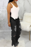 Baby Blue Casual Patchwork Ripped Mid Waist Boot Cut Denim Jeans