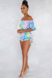 Blue Sexy Fashion Print Ruffled Patchwork Short Sleeve one word collar 