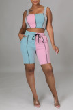 Rose Red Fashion Casual Patchwork Backless Square Collar Sleeveless Two Pieces