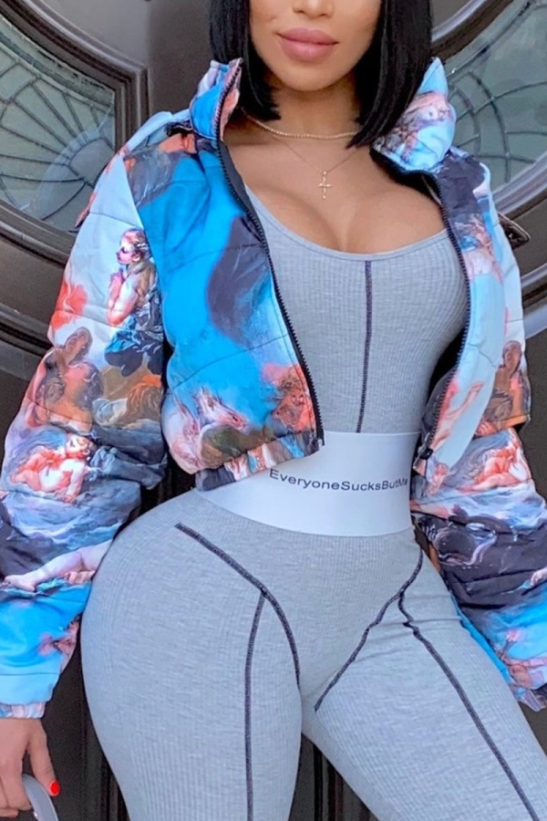 Multi-color Street Print Tie-dye Hooded Collar Outerwear