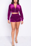 purple Active Casual Europe and America Patchwork Solid Zippered Straight Long Sleeve Two Pieces