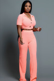 Blue Fashion adult Lightly cooked Two Piece Suits Button Solid Straight Short Sleeve Two-piece