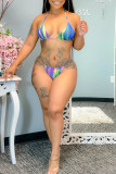 Blue Green Rose Red Sexy Tie Dye Patchwork Frenulum SwimwearsThree Pieces