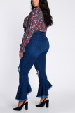 Dark Blue Sexy Solid Ripped Plus Size 