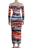 Orange OL Cap Sleeve Long Sleeves One word collar Hip skirt Ankle-Length Striped Club Dresses