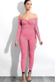 Light Gray Sexy Solid bandage Patchwork Long Sleeve V Neck Jumpsuits
