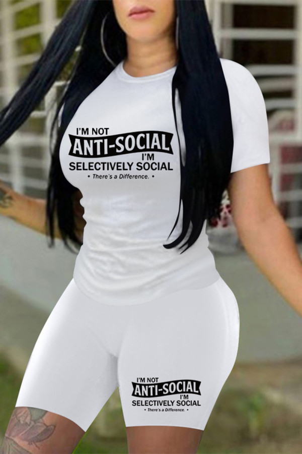 White Fashion Casual Letter Print Basic O Neck Short Sleeve Two Pieces
