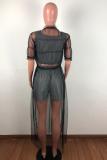 Green Casual Fashion Cap Sleeve Half Sleeves O neck Straight Ankle-Length Solid asymmetrical Mes