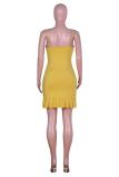 Yellow Sexy adult Fashion Street Spaghetti Strap Sleeveless Slip Asymmetrical split ruffle Solid
