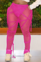 Rose Red Fashion Sexy Solid Draw String See-through Regular Mid Waist Trousers
