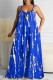 Blue Sexy Casual Print Backless Spaghetti Strap Loose Jumpsuits