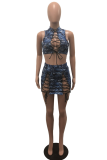 Blue Sexy Print Patchwork Mandarin Collar Sleeveless Two Pieces
