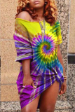 Green Fashion Cap Sleeve 3/4 Length Sleeves O neck Step Skirt Mini Rainbow Paisley asymmetrical