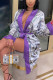 purple Fashion Casual Adult Print Patchwork With Belt V Neck Outerwear