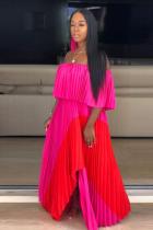 rose red Sexy Fashion Off The Shoulder Short Sleeves One word collar Pleated Floor-Length split asy