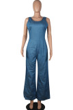 Blue Fashion Casual Solid Chemical fiber blend Sleeveless O Neck Jumpsuits