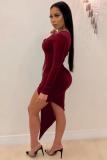Navy Blue Sexy Fashion One Shoulder Long Sleeves one shoulder collar Asymmetrical Mini hollow out Pa