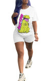 Blue Fashion adult OL Patchwork Print Character Two Piece Suits Straight Short Sleeve Two Pieces
